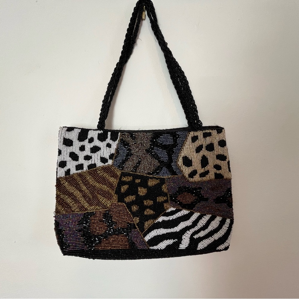 Beaded Animal Patchwork Shoulder Bag - Black, White, Brown - Picture 3 of 3